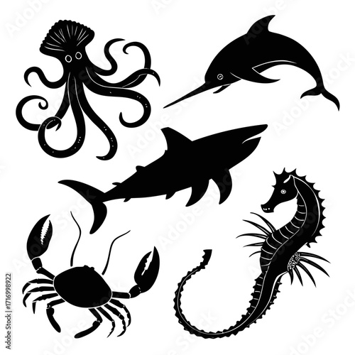 Assorted Black Silhouettes of Marine Animals marine life