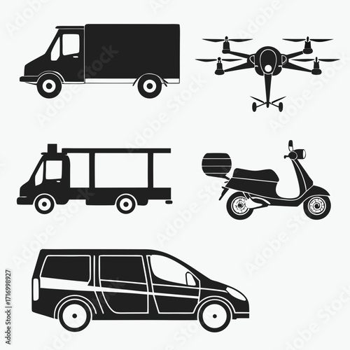 Assorted Delivery Vehicles and Drone Icons transportation