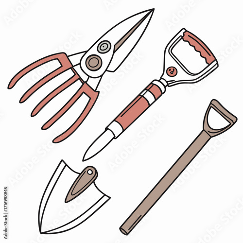 Assorted Gardening Tools with Colored Accents shears