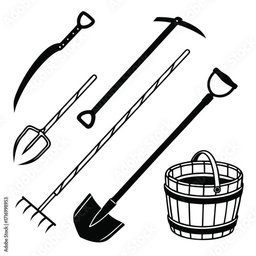 Assorted Garden Tools and Basket Black and White Keywords: garden tools, farming equipment