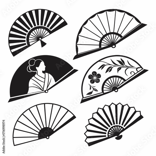 Assorted Japanese Fans and Woman Silhouette geisha