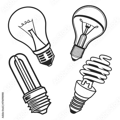 Assorted Light Bulb Line Drawings incandescent fluorescent