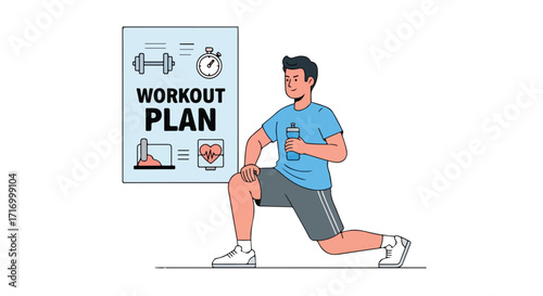 Illustration of a fit man doing lunges while following his workout plan displayed on a poster 150 characters