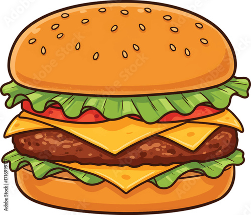 Vector Illustration Delicious Double Cheeseburger with Lettuce, Tomato, and Sesame Seed Bun