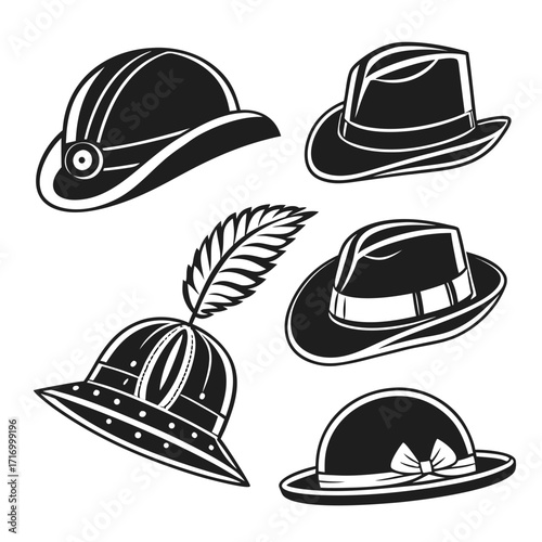 Assortment of Five Vintage Hats in Black and White
