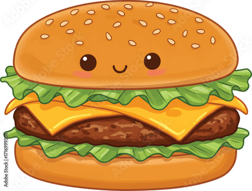 Vector Illustration Cute Cheeseburger with Smiling Face and Sesame Seeds