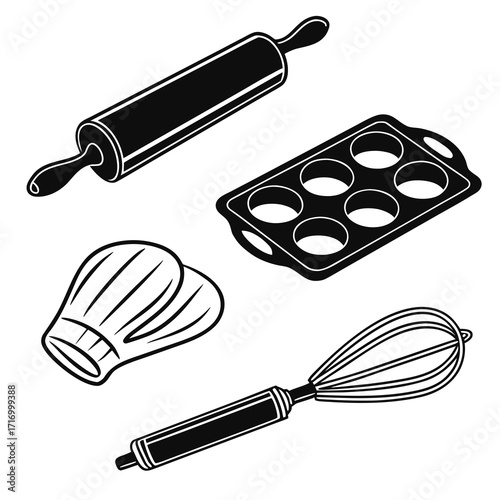 Baking Utensils Collection Rolling Pin Whisk Muffin Pan Chef Hat Keywords: baking, cooking