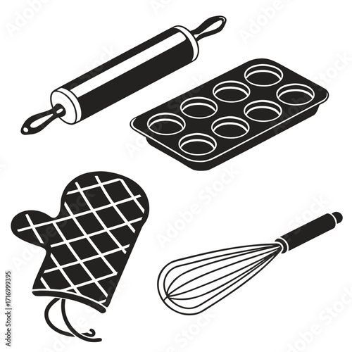 Baking Tools Rolling Pin Muffin Pan Oven Mitt Whisk Keywords: baking, cooking, kitchen, utensils