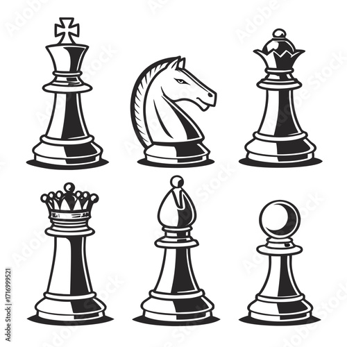 Black and White Chess Pieces King Queen Knight Bishop Pawn