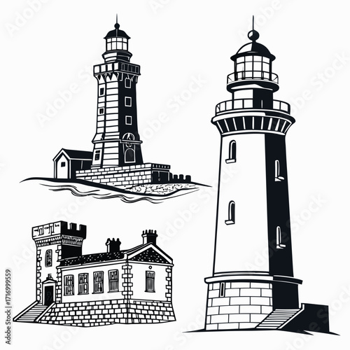 Black and white illustrations of three lighthouses and a fortified building