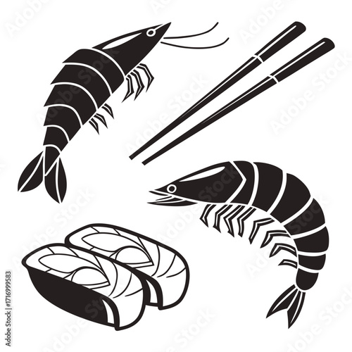 Black and White Shrimp and Sushi Illustration maki