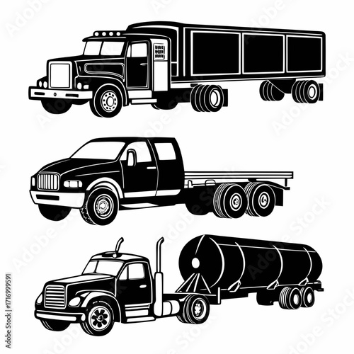 Black And White Silhouettes Of Different Trucks semi-truck