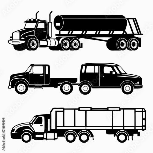 Black And White Silhouettes Of Trucks And Car semi-truck