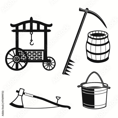 Black Silhouette Collection of Vintage Farm and Well Tools