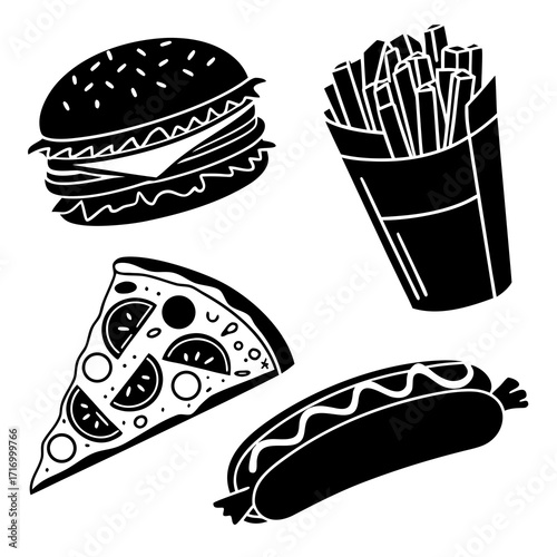 Black silhouette icons of burger pizza fries and hot dog Keywords: fast food, burger, hamburger