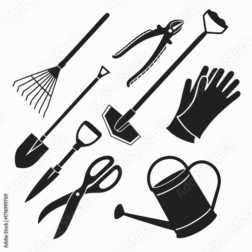 Black Silhouette Gardening Tools Collection rake shovel