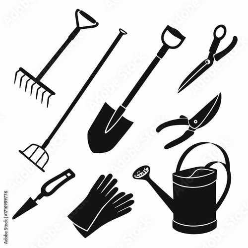 Black Silhouette Garden Tools and Watering Can gardening