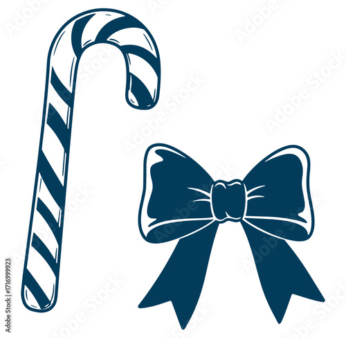 Elegant christmas candy cane and bow vector illustration in blue and white colors