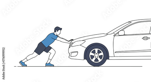 Illustration depicting a man exerting considerable effort to manually push a stationary vehicle onward with visible strain 99 characters
