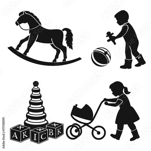 Children Silhouettes With Classic Toys playing