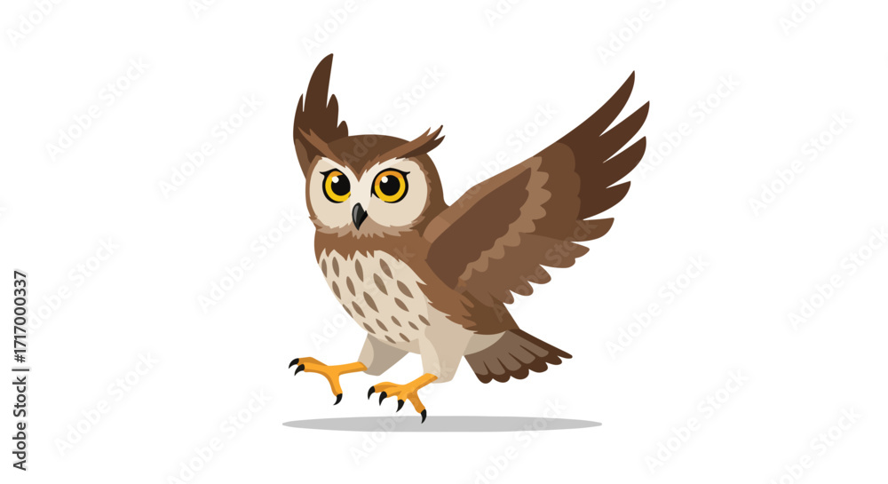 Naklejka premium Animated owl cartoon with striking feathers is poised mid air about to land gracefully in a delightful vector graphic illustration