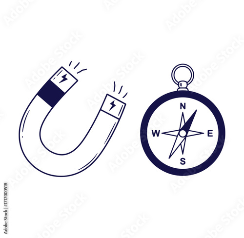Hand drawn illustration of magnet and compass navigation showing direction and attraction concepts