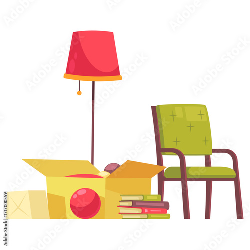 Moving Day Essentials Lamp, Chair, and Packing Box Filled with Books
