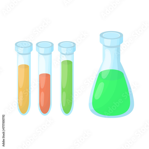 Chemical laboratory glassware Illustration of colorful test tubes and a flask with liquids