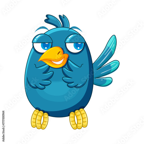 Charming and mischievous blue bird cartoon with a sly, knowing expression, a fun character concept