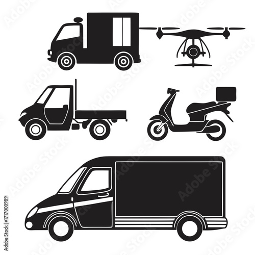 Delivery Vehicles and Drone Silhouettes with Open Truck