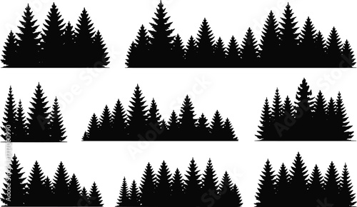 Collection of pine tree silhouettes, evergreen conifer forest vector set, natural woodland landscape elements, outdoor nature background, wild scenery design