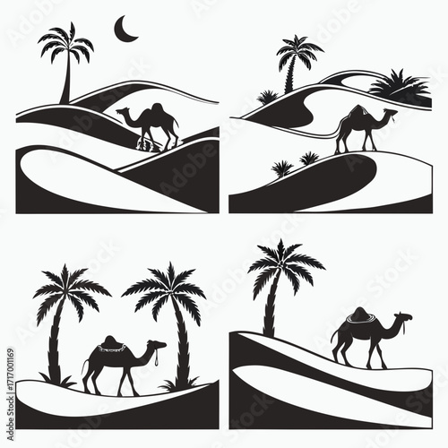 Desert scenes silhouettes with camels palm trees and moon