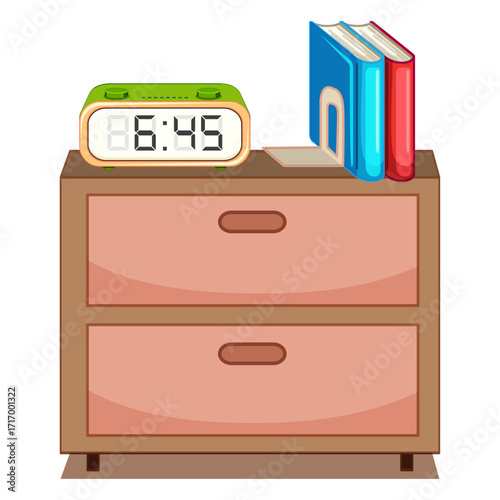 Bedside table with a digital clock, and a couple of books, good for sleep
