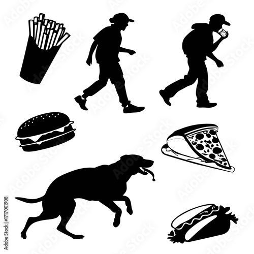 Fast food items with people and dog silhouettes Keywords: fast food, burger, hamburger