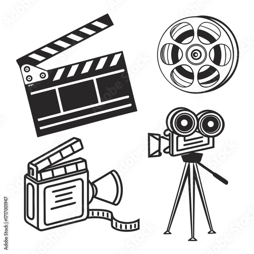 Film Production Icons With Clapperboard Camera Reel