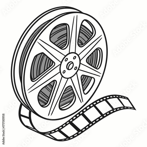 Film reel with unwinding strip of film movie cinema
