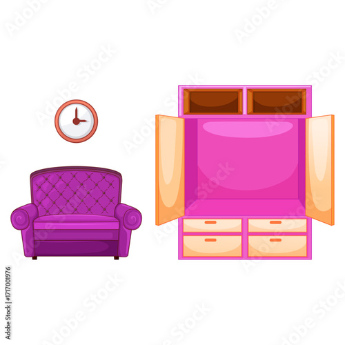 Pink Tufted Armchair and Open Wardrobe with Clock on White Background