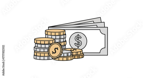 Illustrative depiction of money showcasing stacked coins and neatly arranged banknotes conveying a sense of financial wealth