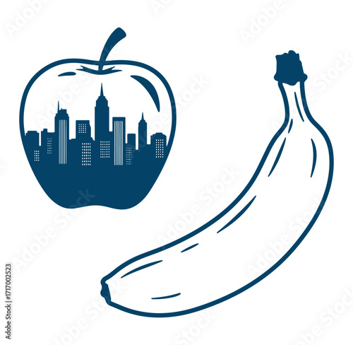Vector illustration of apple with cityscape and banana representing new york concept