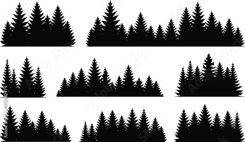 Collection of pine tree silhouettes, evergreen conifer forest vector set, natural woodland landscape elements, outdoor nature background, wild scenery design