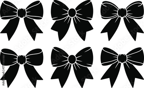 Elegant black silhouette bow set, decorative ribbon design collection, vector bow illustration for crafts, fashion, gift wrapping, wedding decoration, digital art
