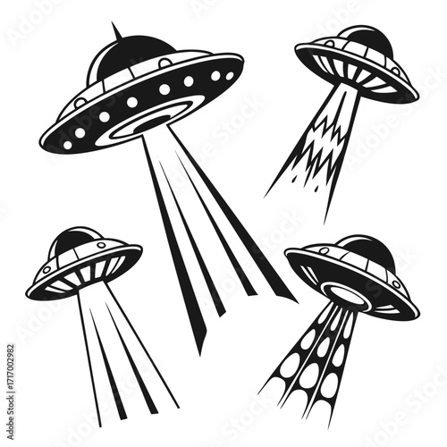 Four flying saucers emitting various light beams alien