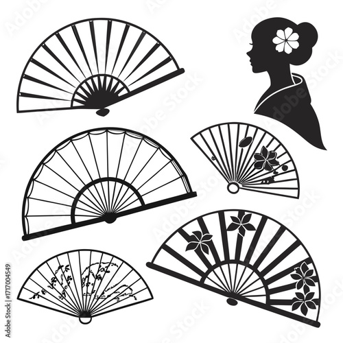 Japanese Fans and Woman Silhouette Collection geisha
