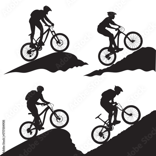 Mountain bikers in silhouette on undulating terrain