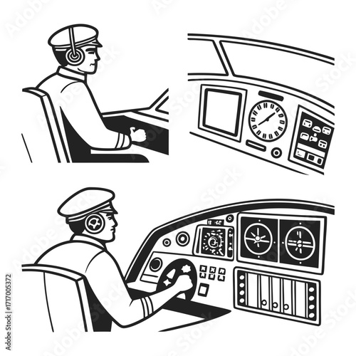 Pilots in cockpit and close-up instrument panels Keywords: pilot, airplane, cockpit, aviation