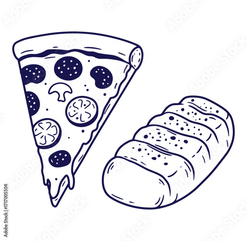 Delicious pizza slice and fresh bread illustration vector graphic outline isolated on white background