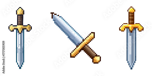 Three detailed pixel art fantasy swords with golden hilts and shiny blades in a retro style