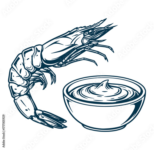 Elegant monochrome illustration of a shrimp alongside a bowl of creamy sauce