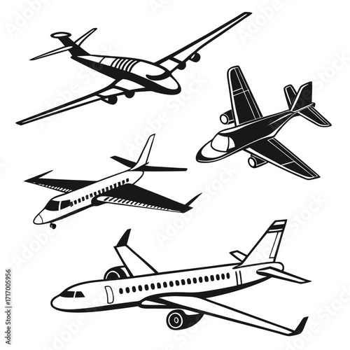 Set of Four Black and White Airplane Silhouettes aircraft