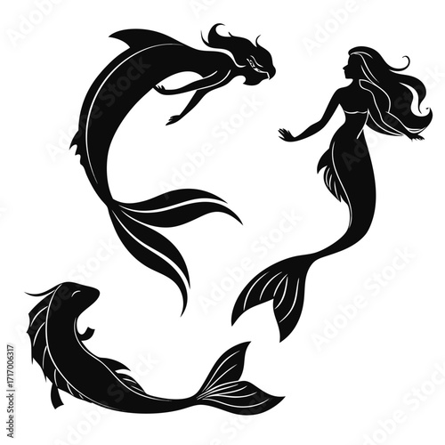 Silhouette of Three Mermaids and a Fish Keywords: mermaid, mermaids, fish, silhouette, mythical